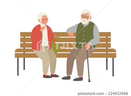 一對老年夫婦坐在長椅上的插圖素材向量老人老年人尊重老年人白色背景 124912098