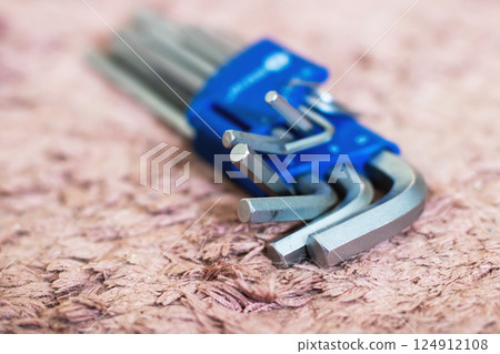 A complete set of various allen wrenches neatly arranged in a blue case 124912108