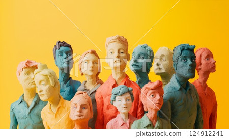 Group of people are standing in a line. They are all different colors. Some are blue, some are red, and some are yellow 124912241