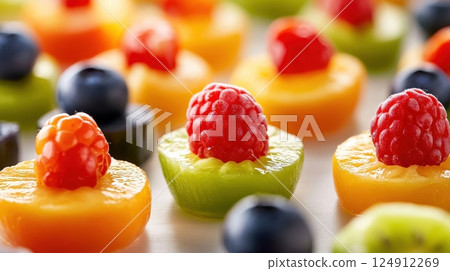 A vibrant and colorful array of fresh fruit slices adorned with berries. The image showcases circular slices of kiwi, orange, and possibly peach or nectarine. 124912269