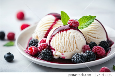 A delectable dessert featuring scoops of creamy vanilla ice cream served on a white plate, adorned with a vibrant berry sauce. The ice cream is garnished with fresh raspberries and blackberries. 124912270