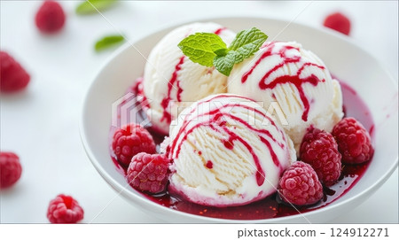 A delightful dessert featuring scoops of creamy vanilla ice cream drizzled with vibrant raspberry sauce, served on a white plate. The ice cream is garnished with fresh raspberries/ 124912271