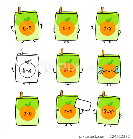 A collection of cute, expressive orange juice boxes in a playful and cheerful illustration. 124912282