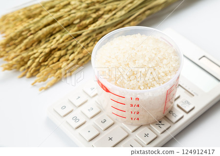 Rice in a measuring cup and a calculator Rice in a measuring cup and a calculator 124912417