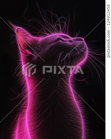 Cat with pink fur is looking up. The cat is sitting on a black surface. The cat's fur is very fluffy 124912458