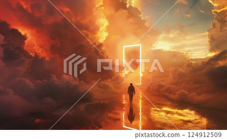 A photorealistic cinematic image of an astronaut in a cloud storm, surrounded by dynamic orange, red, and cyan clouds 124912509