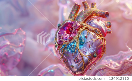 A surreal, jewel-encrusted human heart in sapphire, ruby, and emerald, set in golden filigree 124912510