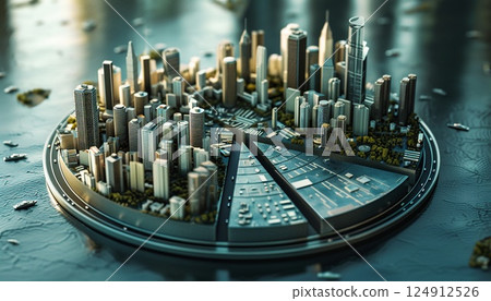 A pie chart viewed from above, featuring cities as segments A pie chart viewed from above, featuring cities as segments 124912526