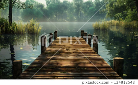 A wooden dock with a brown finish 124912548