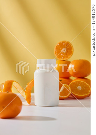 Unlabeled bottles placed on a white table with natural light shining in. Oranges stacked with the halved oranges. Sliced oranges peel for decoration. Fruits are a natural ingredient for modulating. Unlabeled bottles placed on a white table with natural light shining in. Oranges stacked with the halved oranges. Sliced oranges peel for decoration. Fruits are a natural ingredient for modulating. 124912576