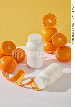 The white medicine bottle stands on the table while another bottle lies next to the wavy orange peel. Citrus are stacked on top of each other, presented on a white plate, light brown background. The white medicine bottle stands on the table while another bottle lies next to the wavy orange peel. Citrus are stacked on top of each other, presented on a white plate, light brown background. 124912578