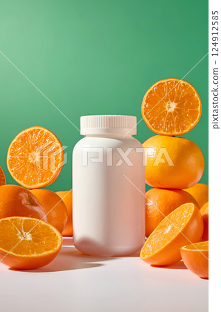 White plastic medicine bottle without label on the outside. Oranges cut in half to show the juicy triangular segments. Citrus has many uses in medicine. Vertical photo with green background 124912585