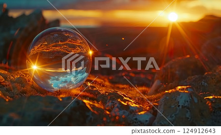 A breathtaking sunset reflected in a crystal ball, shot with selective focus 124912643
