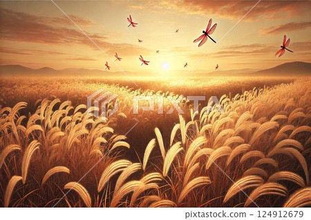 秋日景象：紫芒田野與紅蜻蜓 124912679