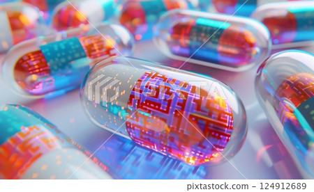 Global health medicine capsules digitally remixed with geometric designs 124912689