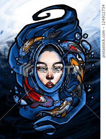 Surreal female face surrounded by koi fish and flowing water. Dynamic Surreal female face surrounded by koi fish and flowing water. Dynamic 124912734