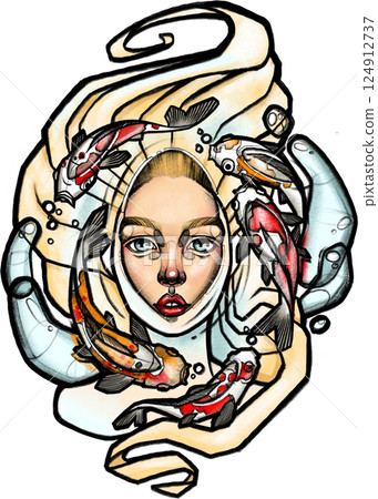 Surreal female face surrounded by koi fish and flowing water. Dynamic Surreal female face surrounded by koi fish and flowing water. Dynamic 124912737