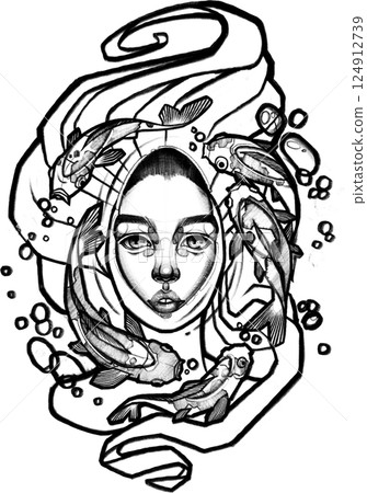 Surreal female face surrounded by koi fish and flowing water. Dynamic Surreal female face surrounded by koi fish and flowing water. Dynamic 124912739