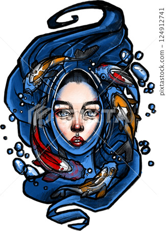 Surreal female face surrounded by koi fish and flowing water. Dynamic 124912741