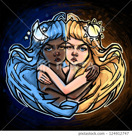 Two sisters symbolizing the sun and moon, light and dark, day and night Two sisters symbolizing the sun and moon, light and dark, day and night 124912747