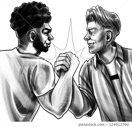 Two men of different ethnicities sharing a powerful handshake 124912760