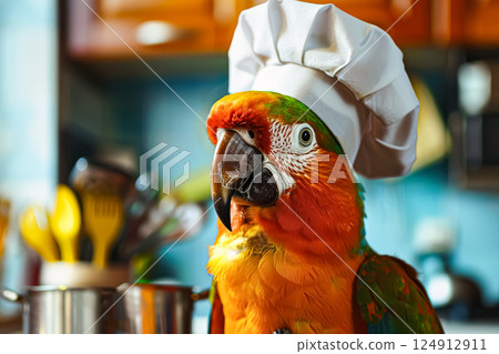 Parrot wearing a chef's hat is standing in front of a pot Parrot wearing a chef's hat is standing in front of a pot 124912911