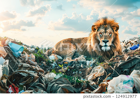 Lion is laying in a pile of trash 124912977