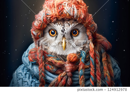 Cute owl wearing a red hat and scarf 124912978