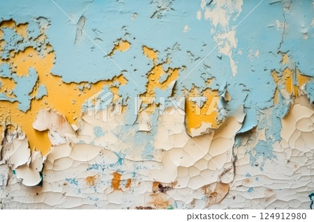 The wall is covered in peeling paint and has a blue and yellow color scheme. 124912980