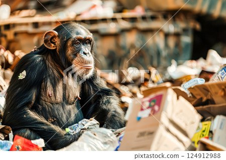 Monkey is sitting on a pile of trash 124912988