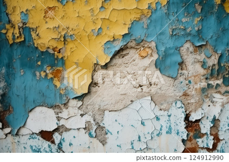 The wall is covered in peeling paint and has a blue and yellow color scheme. 124912990