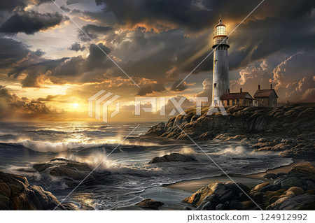 Lighthouse is on a rocky shoreline with a cloudy sky in the background. 124912992