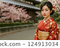 一位身穿紅色和服的日本女子站在櫻花盛開的背景前 124913034