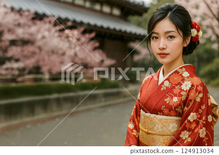 A Japanese woman in a red kimono standing against a background of cherry blossoms 124913034