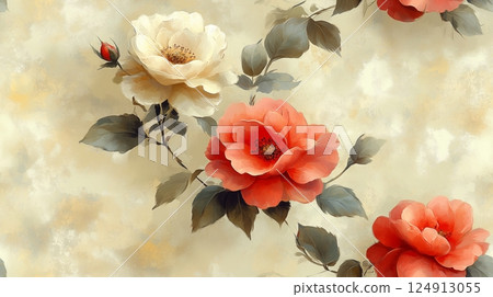 Vintage floral pattern with red and white roses on textured background. Vintage floral pattern with red and white roses on textured background. 124913055
