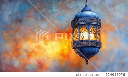 Ornate moroccan lantern with warm glow against vibrant abstract textured background. 124913056
