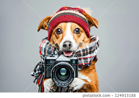 Dog is wearing a camera and a hat, and is smiling. 124913188