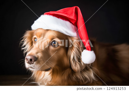 Dog wearing a red Santa hat is laying on a table 124913253