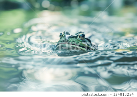 Frog is swimming in a body of water Frog is swimming in a body of water 124913254