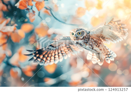 Small owl is flying through a tree with orange leaves 124913257