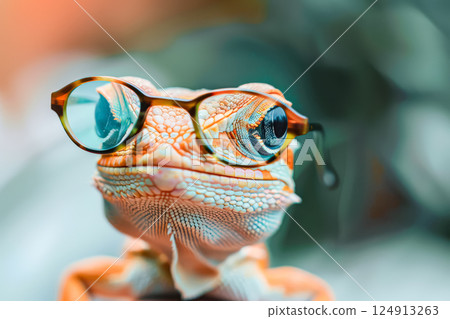 Lizard wearing glasses is smiling at the camera 124913263
