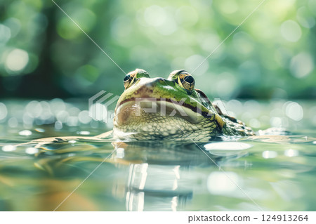Frog is swimming in a pond 124913264