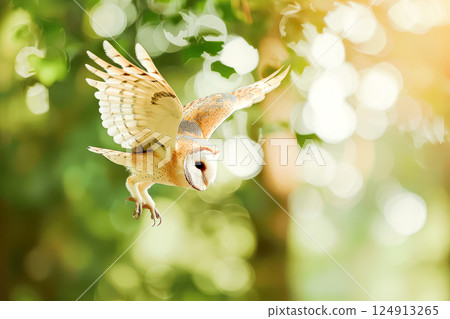 Small owl is flying through the air Small owl is flying through the air 124913265