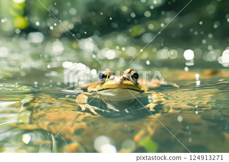 Frog is swimming in a pond with raindrops on its face 124913271