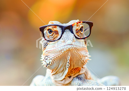 Lizard wearing glasses is staring at the camera 124913278