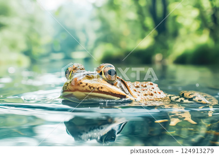 Frog is swimming in a river 124913279