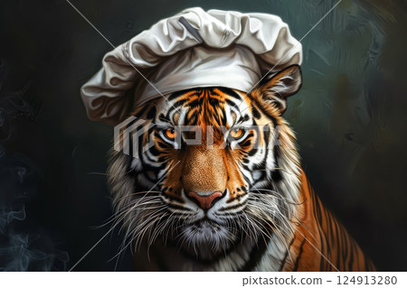 Tiger wearing a chef's hat and standing in front of a smokey background Tiger wearing a chef's hat and standing in front of a smokey background 124913280