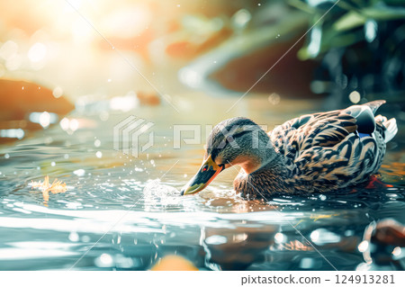 Duck is swimming in a pond 124913281