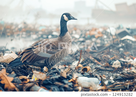 Goose is standing in a pile of trash Goose is standing in a pile of trash 124913282