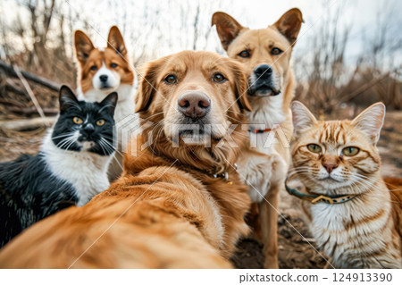 Group of dogs are standing in a line, with one dog looking at the camera. 124913390